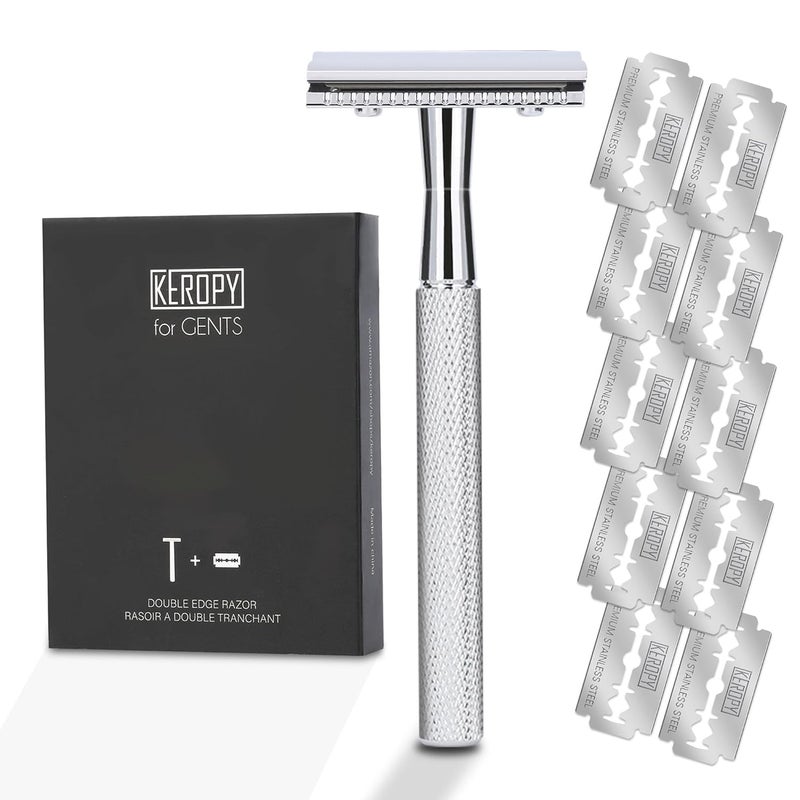 Keropy Single Blade Safety Razor With 10 Premium Stainless Steel Blades Double Edge Safety Razors For Men, Smooth Wet Shave Experience, Glossy Silver - Image 1